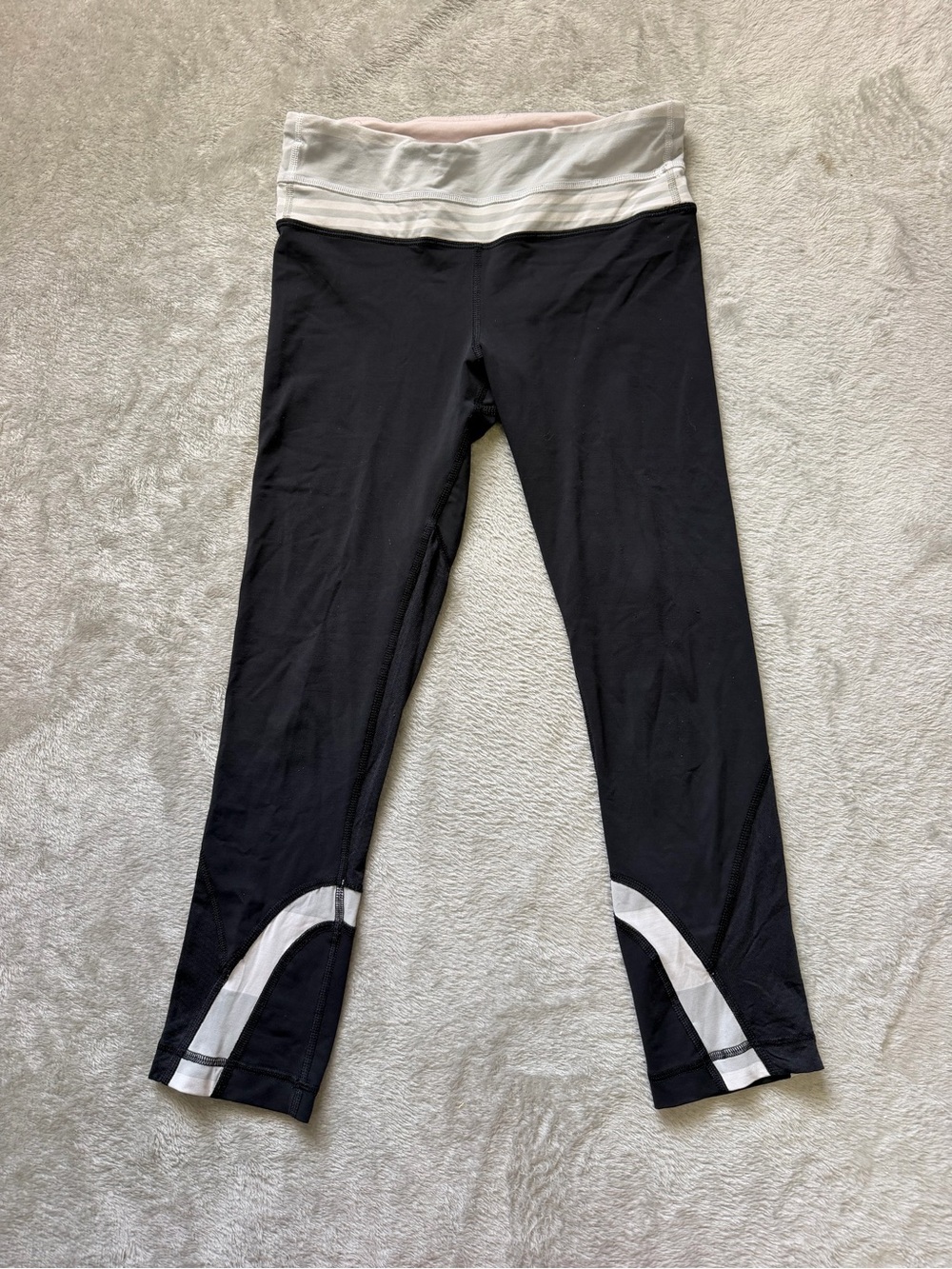 lululemon athletica Black Capris Leggings with White Waistband and Calf Accents